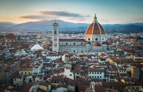 Florence sunset city skyline with Cathedral and bell tower Duomo.